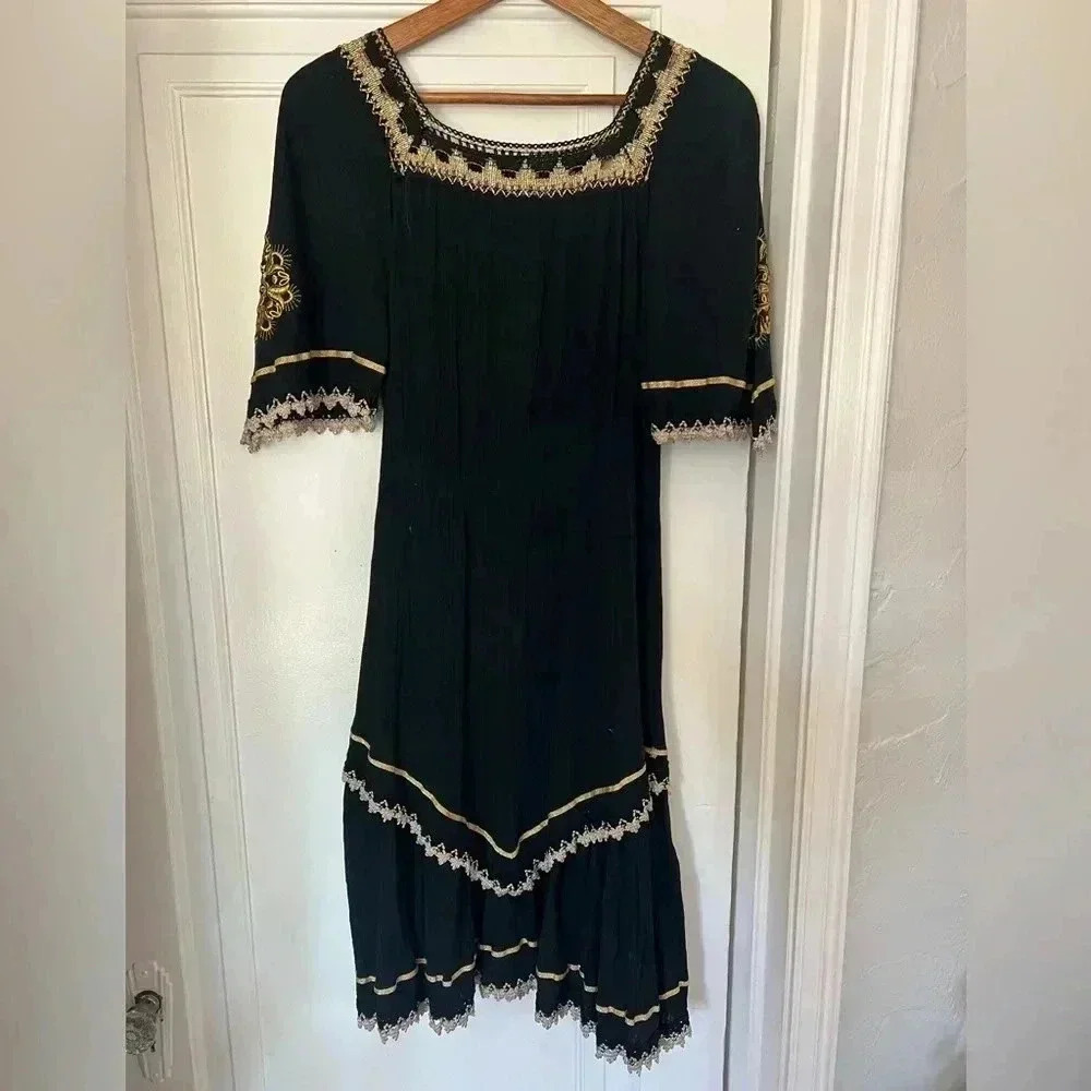 Vintage Greek Embroidered Boho Dress - Black & Gold Cotton Midi size M - Picture 10 of 10